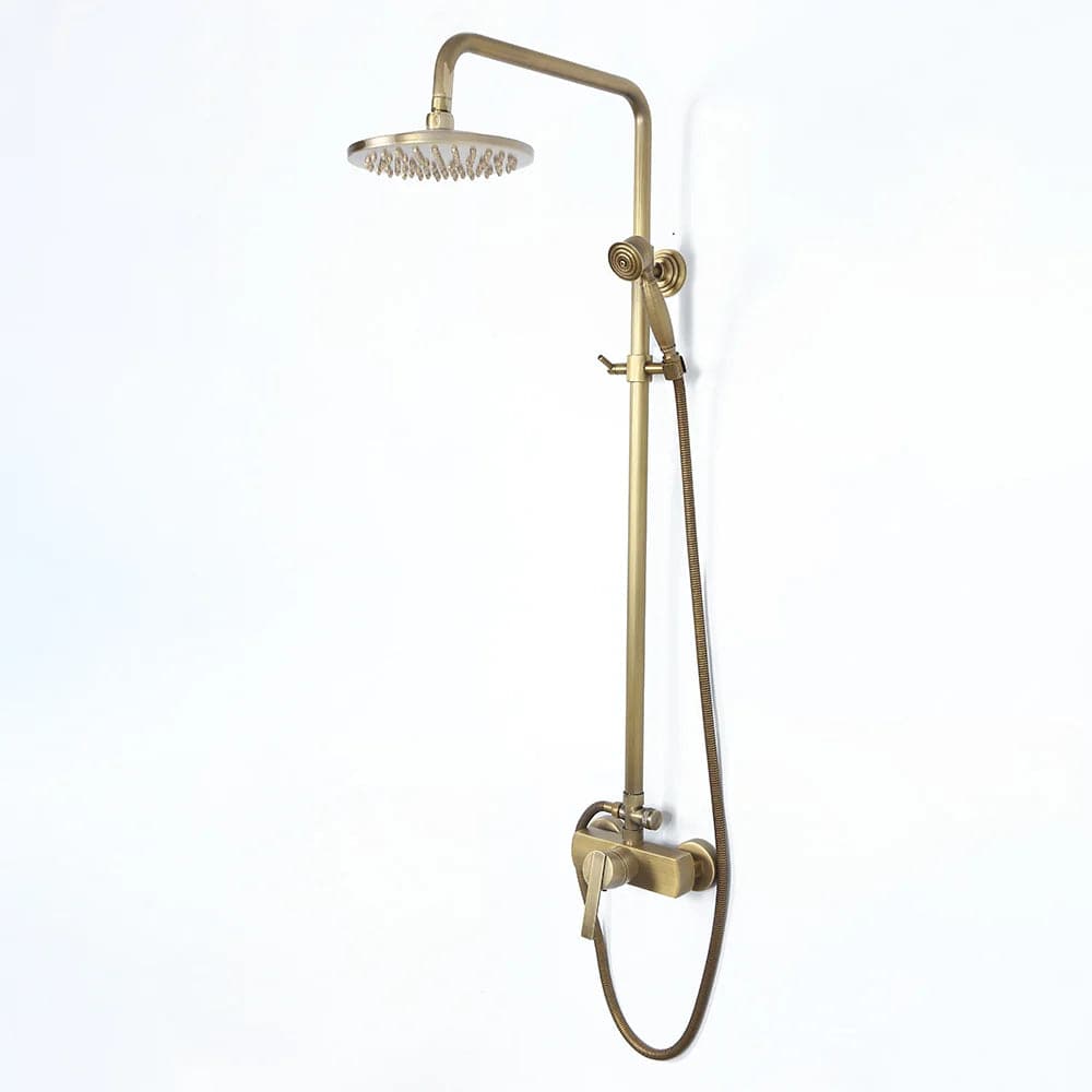 Antique Brass Exposed Wall Mount Shower System with 8" Rain Shower Head and Hand Shower