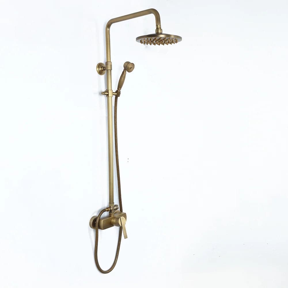 Antique Brass Exposed Wall Mount Shower System with 8" Rain Shower Head and Hand Shower