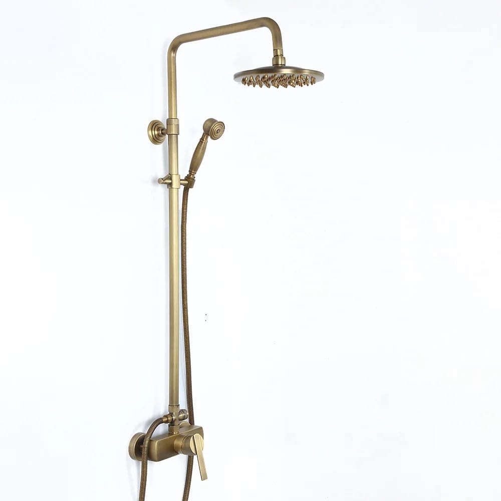 Antique Brass Exposed Wall Mount Shower System with 8" Rain Shower Head and Hand Shower