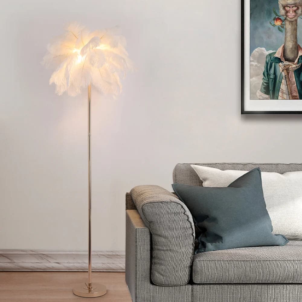 Art Deco Floor Lamp with White Feather Shade Rose Gold Finish