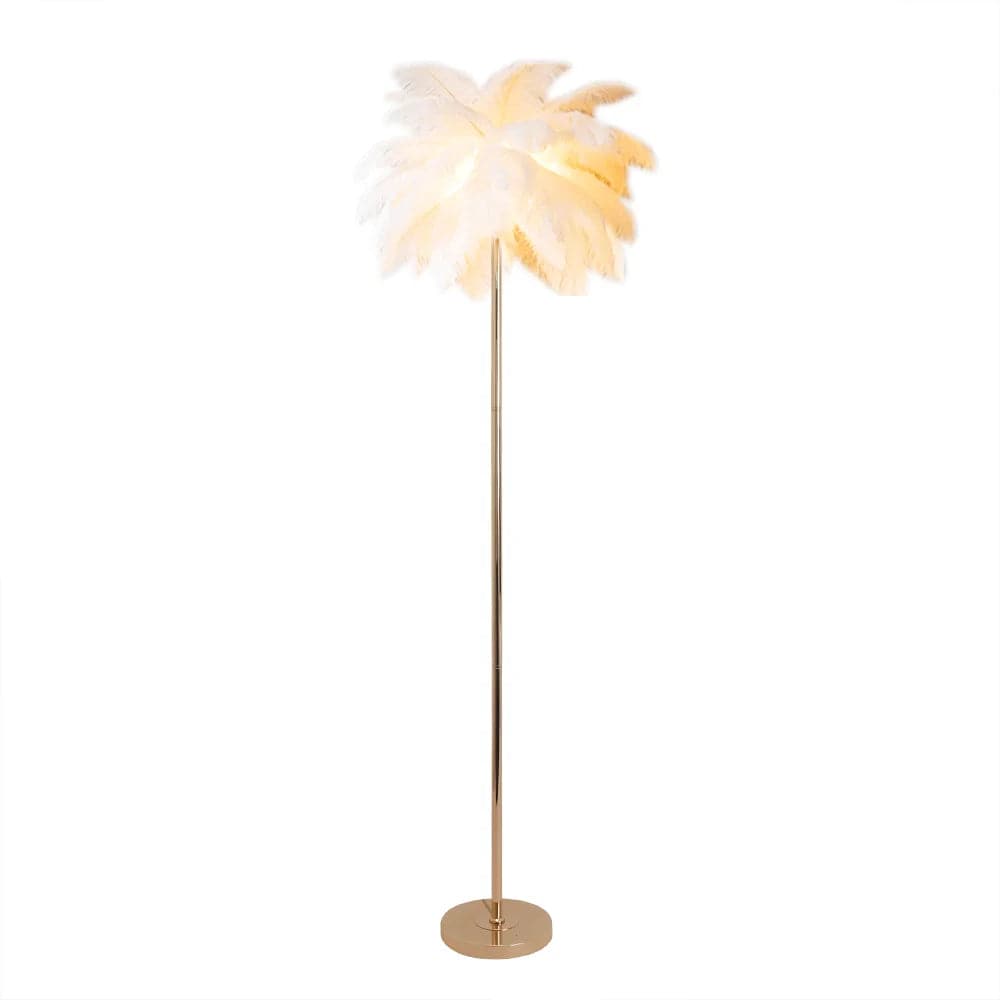 Art Deco Floor Lamp with White Feather Shade Rose Gold Finish