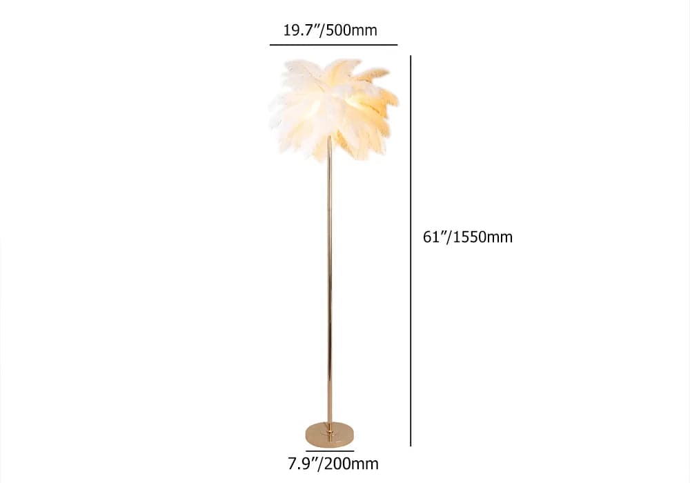 Art Deco Floor Lamp with White Feather Shade Rose Gold Finish