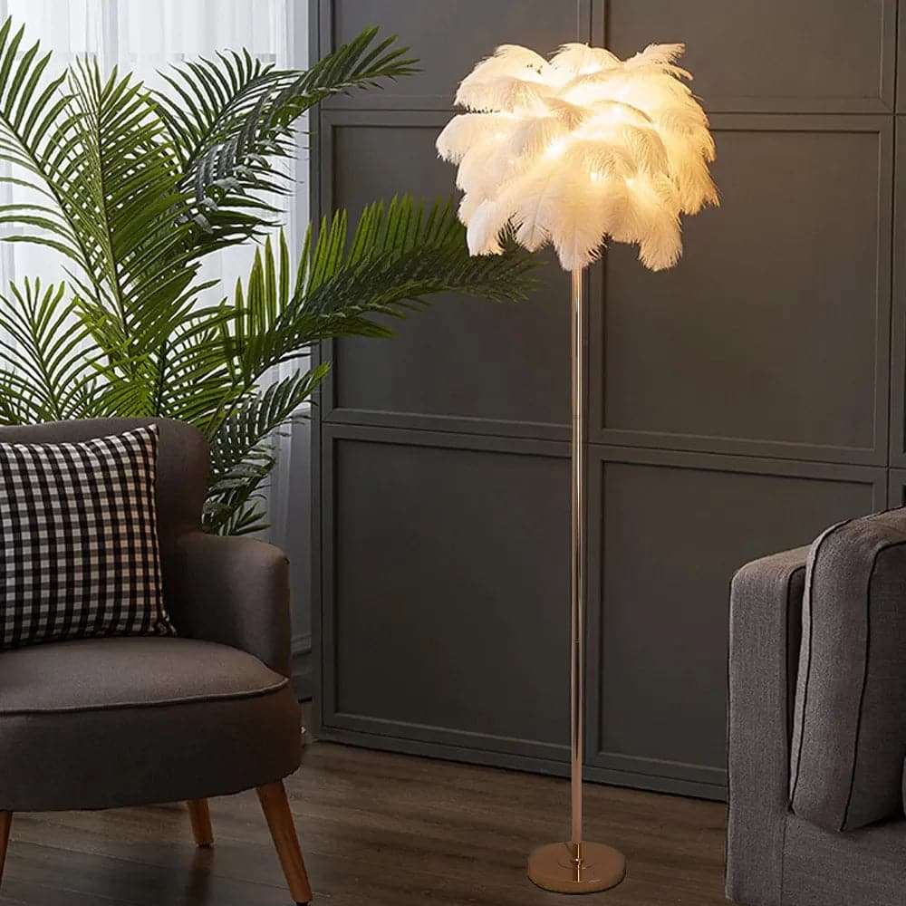 Art Deco Floor Lamp with White Feather Shade Rose Gold Finish