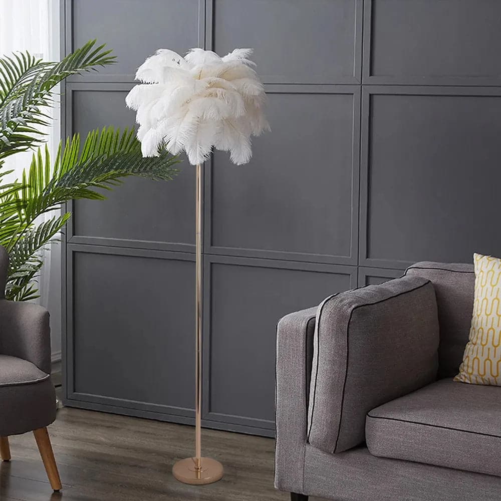 Art Deco Floor Lamp with White Feather Shade Rose Gold Finish