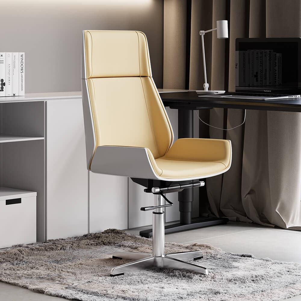 Chaise de bureau en simili cuir beige avec base fixe et hauteur réglable