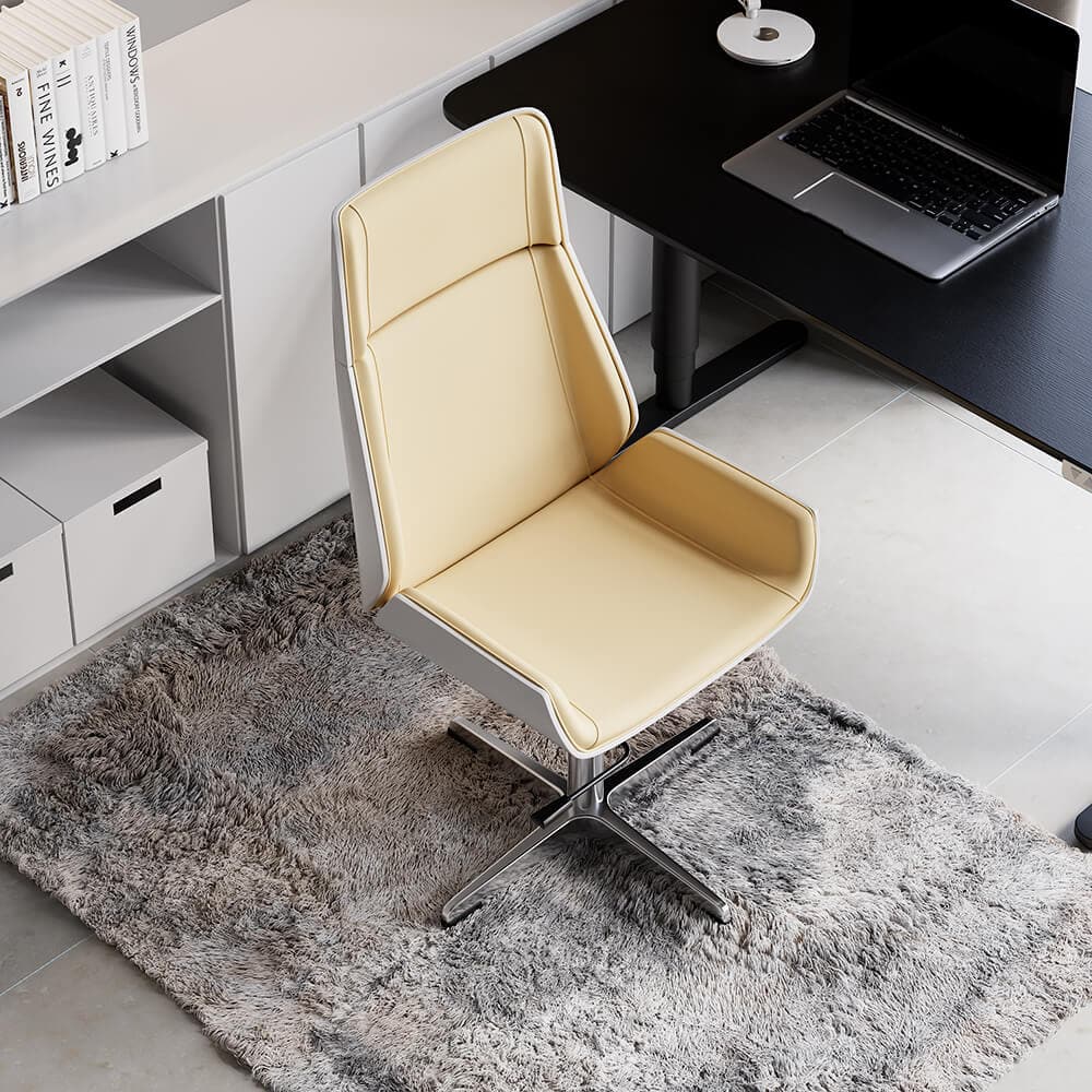 Chaise de bureau en simili cuir beige avec base fixe et hauteur réglable