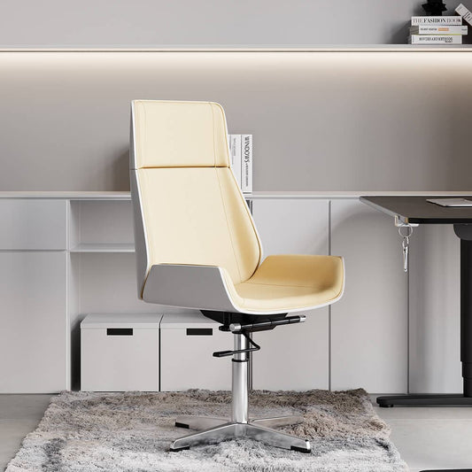Chaise de bureau en simili cuir beige avec base fixe et hauteur réglable