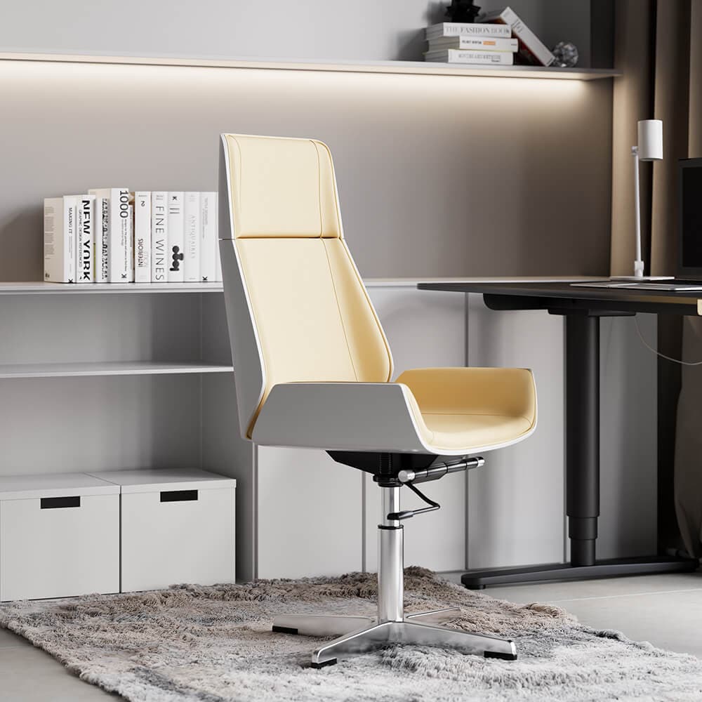 Chaise de bureau en simili cuir beige avec base fixe et hauteur réglable