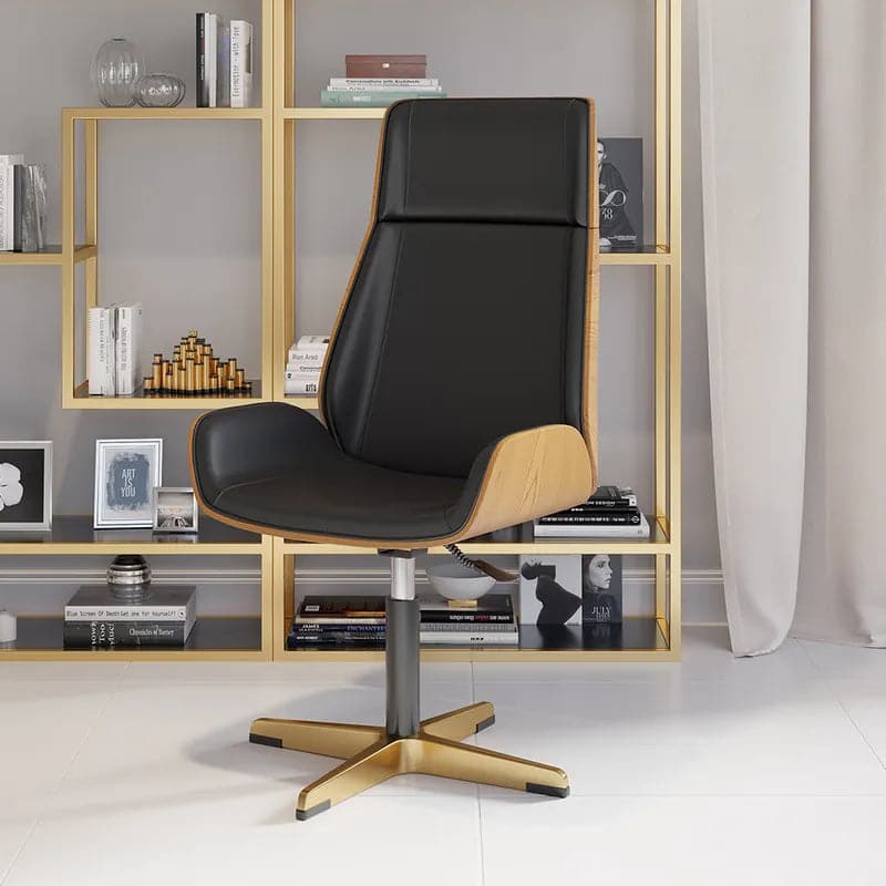 Leather Office Desk Chair High Back Adjustable Swivel Executive Chair in Beige/Black/White & Gold