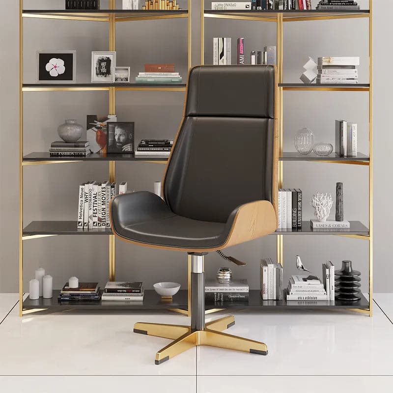 Leather Office Desk Chair High Back Adjustable Swivel Executive Chair in Beige/Black/White & Gold