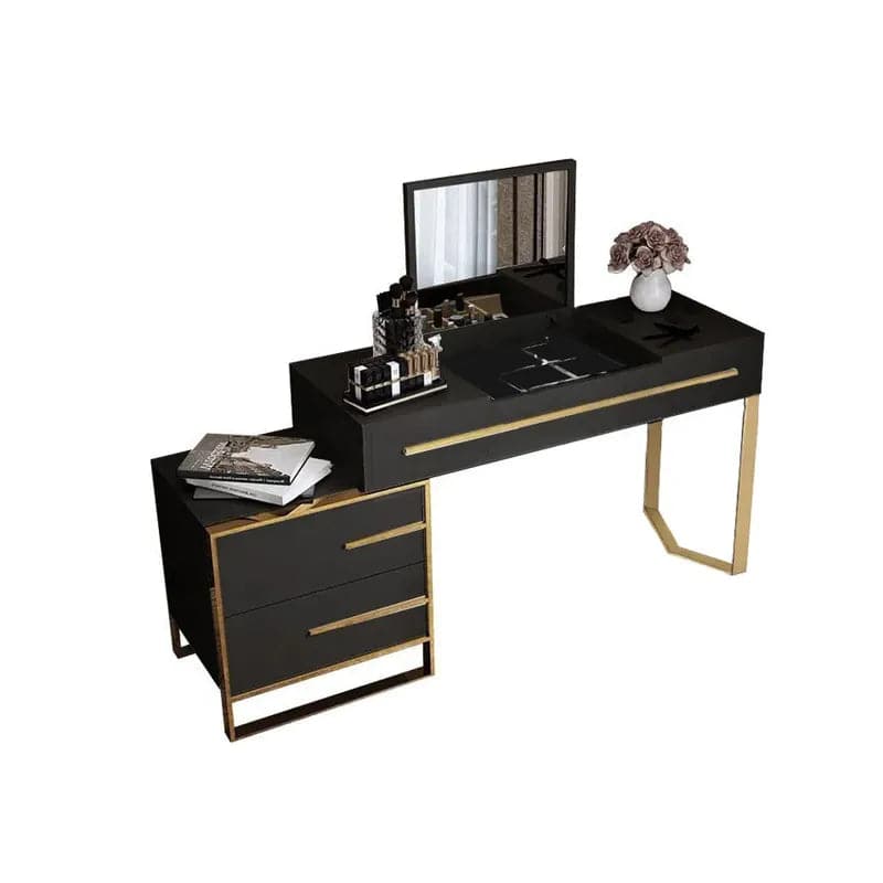 BlackMakeupVanitywithFlipTopMirror_SideCabinetandDrawersGoldenLegs#Black