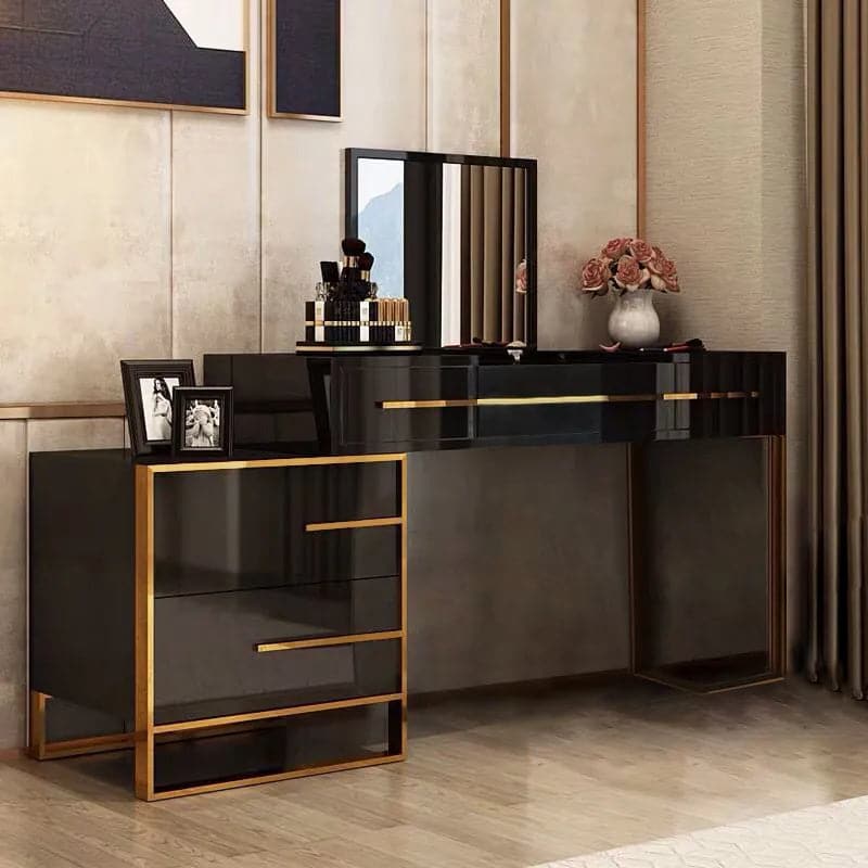 BlackMakeupVanitywithFlipTopMirror_SideCabinetandDrawersGoldenLegs#Black