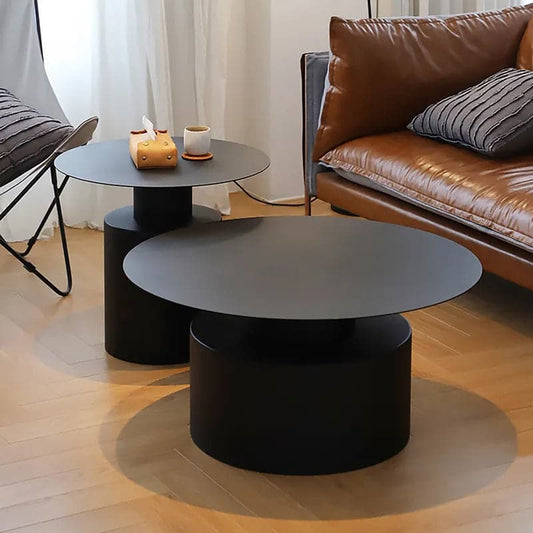 Black Round Coffee Table Metal Accent Table Set of 2