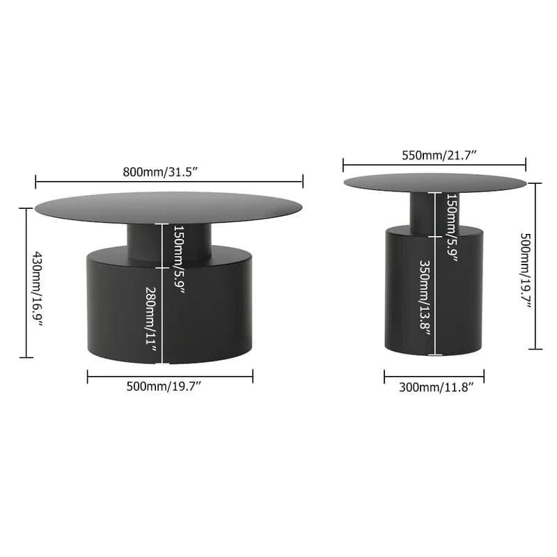 Black Round Coffee Table Metal Accent Table Set of 2