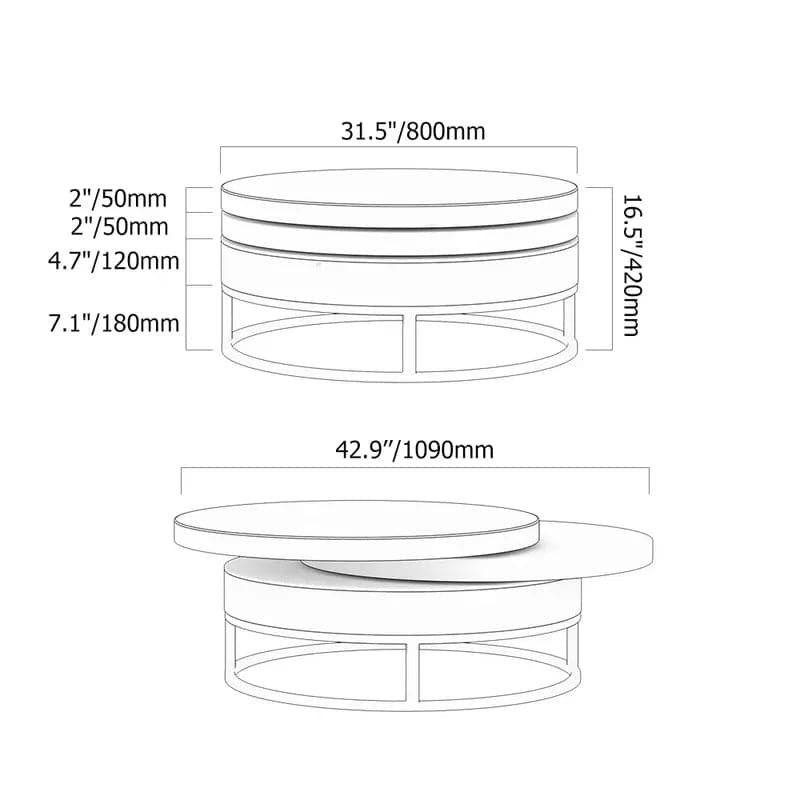 Table basse pivotante moderne ronde noire avec base de rangement en acier doré