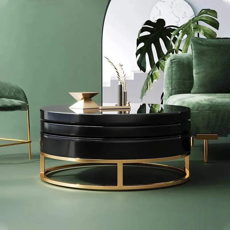 Table basse pivotante moderne ronde noire avec base de rangement en acier doré