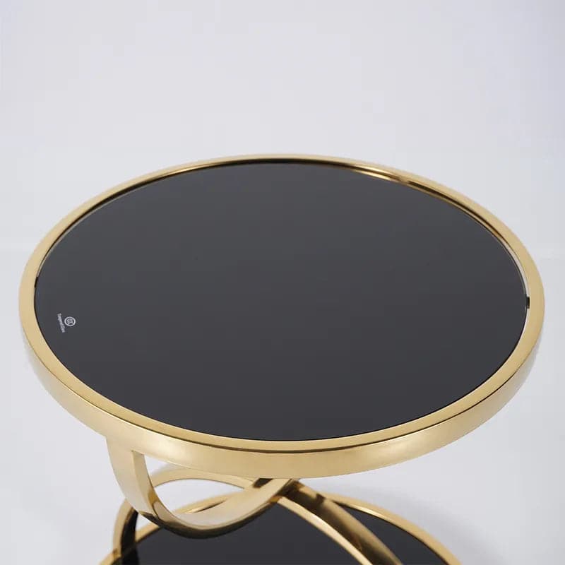 Table d'appoint ronde noire en verre trempé avec table de rangement en or