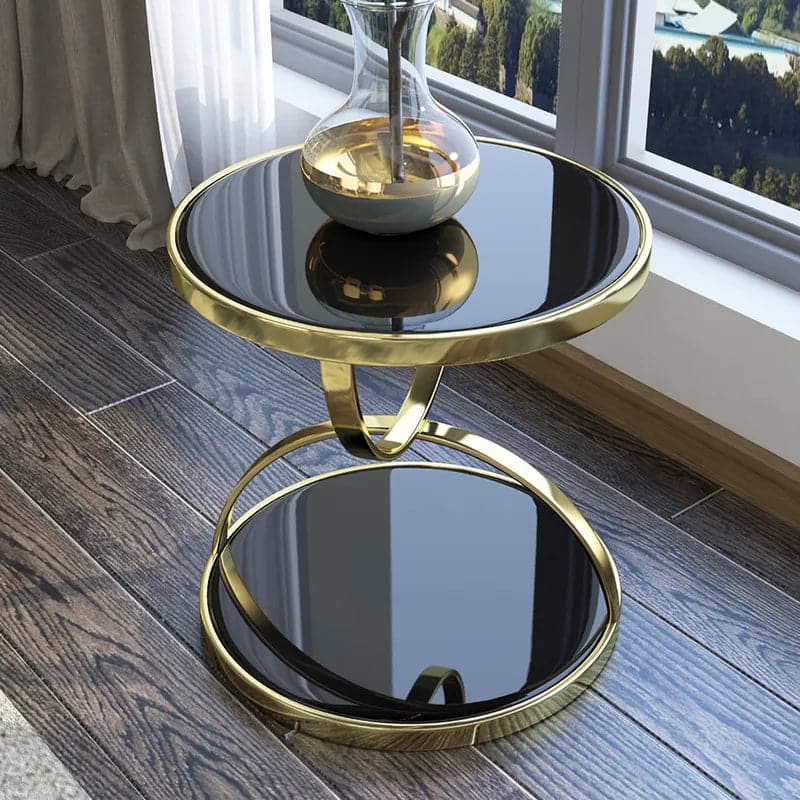 Table d'appoint ronde noire en verre trempé avec table de rangement en or