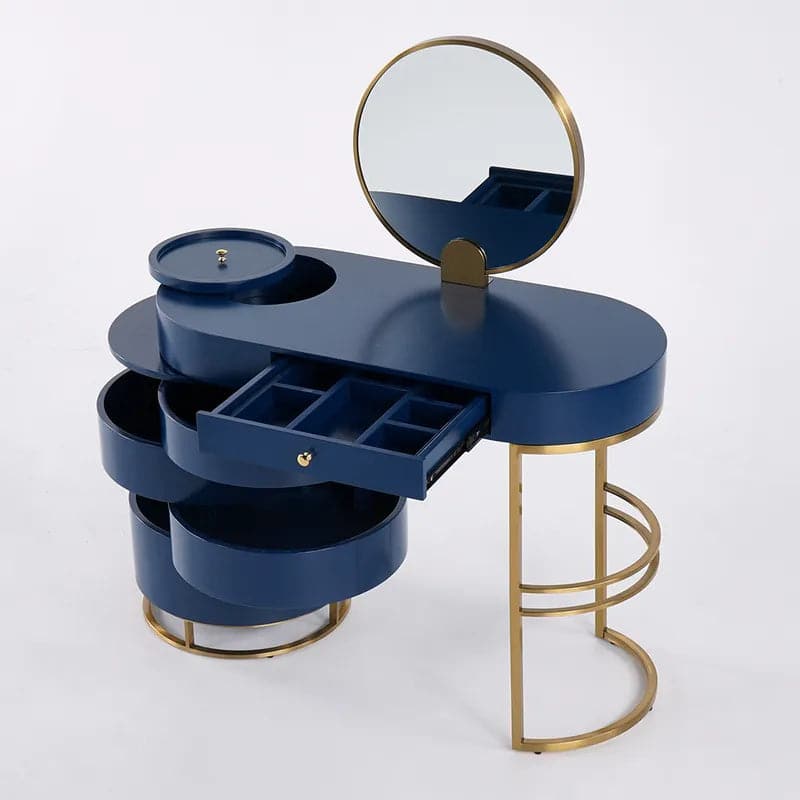 Blue Makeup Vanity Set with Side Cabinet Extendable Dressing Table Mirror and Chair#Blue