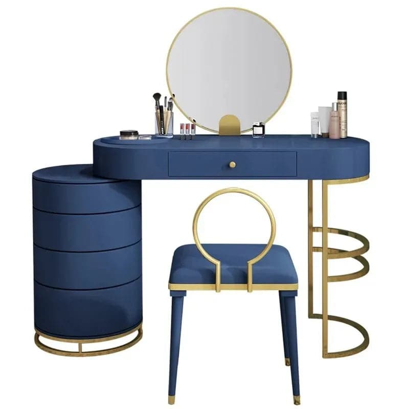 Blue Makeup Vanity Set with Side Cabinet Extendable Dressing Table Mirror and Chair#Blue