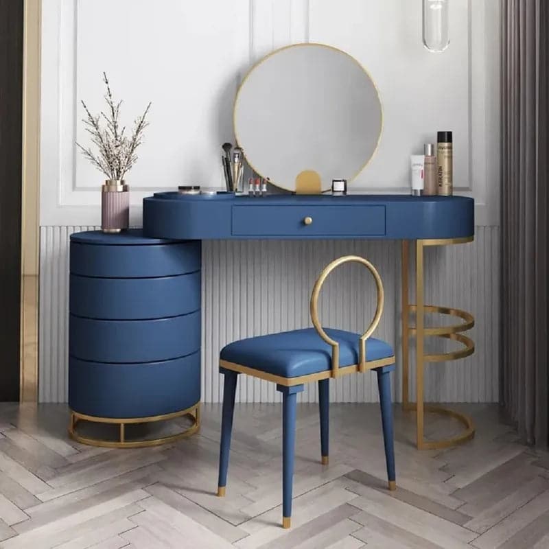 Blue Makeup Vanity Set with Side Cabinet Extendable Dressing Table Mirror and Chair#Blue