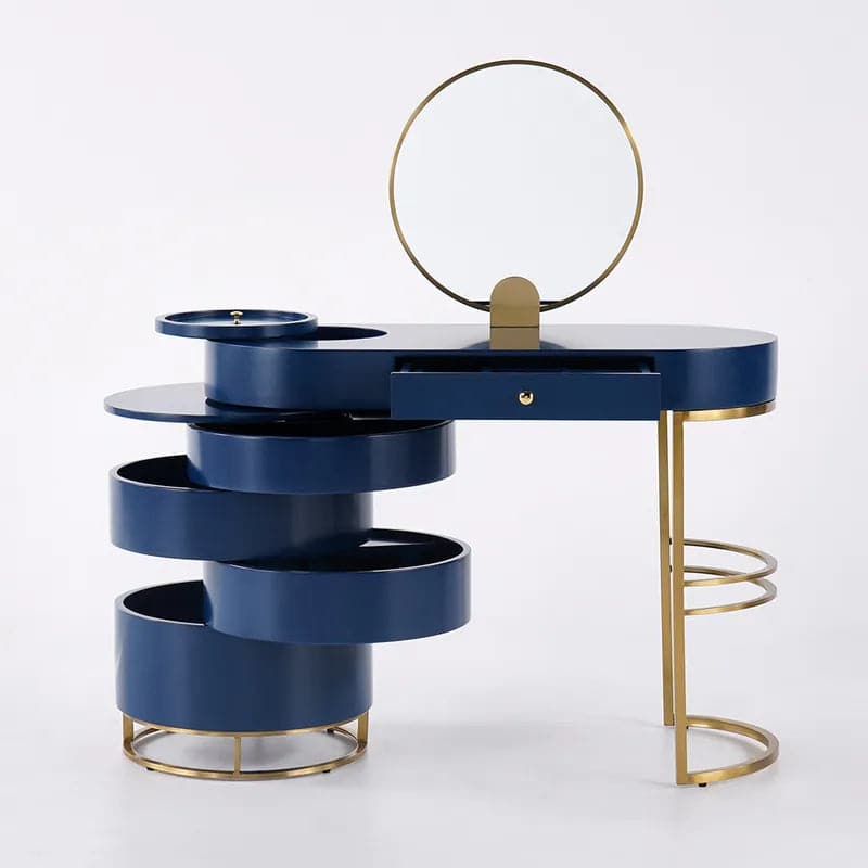 Blue Makeup Vanity Set with Side Cabinet Extendable Dressing Table Mirror and Chair#Blue