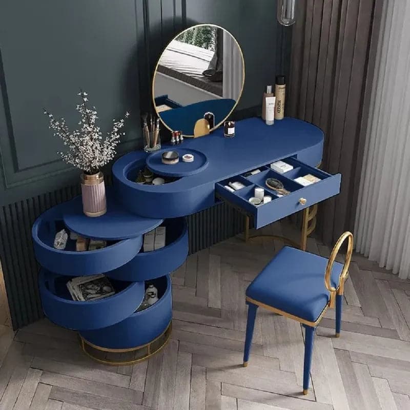 Blue Makeup Vanity Set with Side Cabinet Extendable Dressing Table Mirror and Chair#Blue