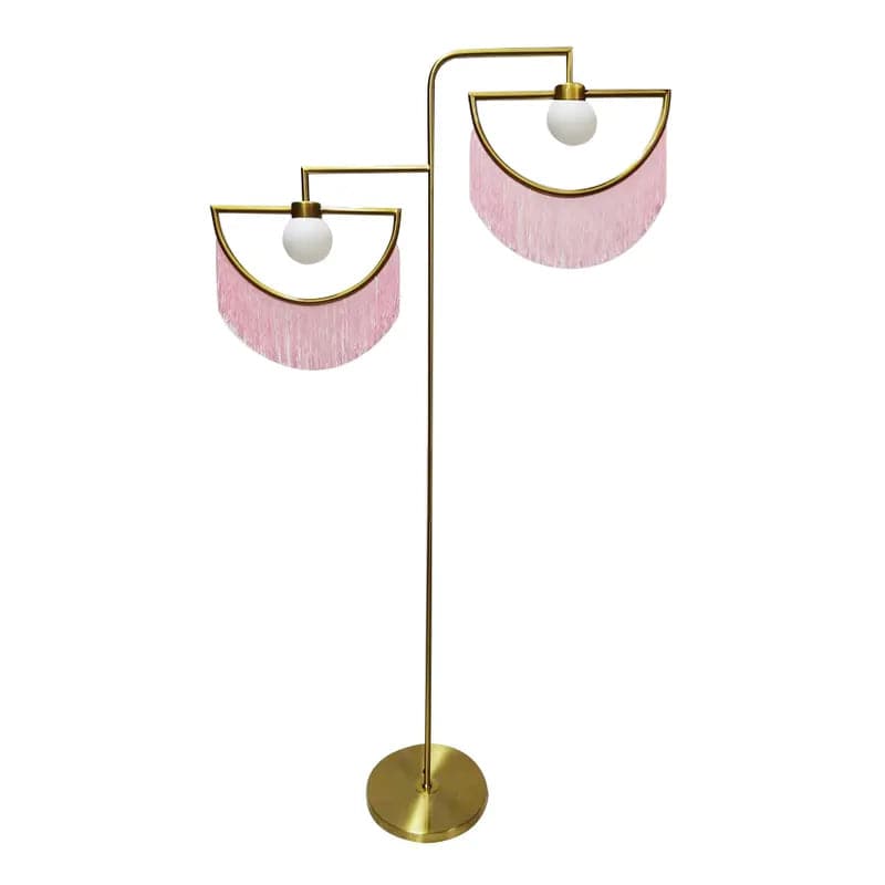 2-Light Floor Lamp with Pink Fringes Macrame and Gold Tones