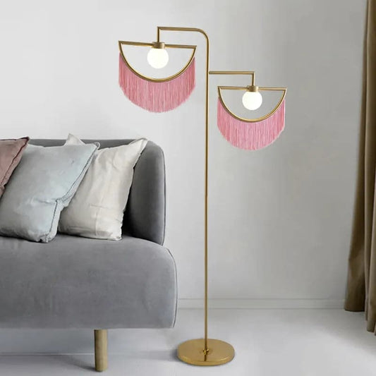 2-Light Floor Lamp with Pink Fringes Macrame and Gold Tones