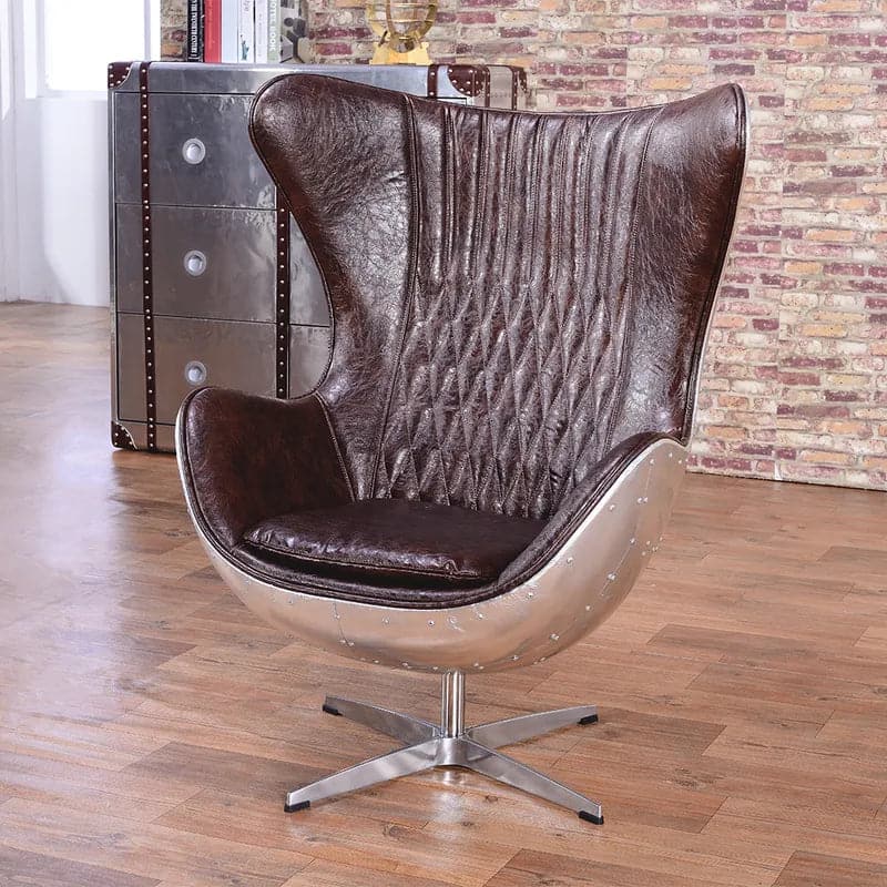 Brown & Silver Office Chair Upholstered Leather Swivel Task Chair with Wing Back