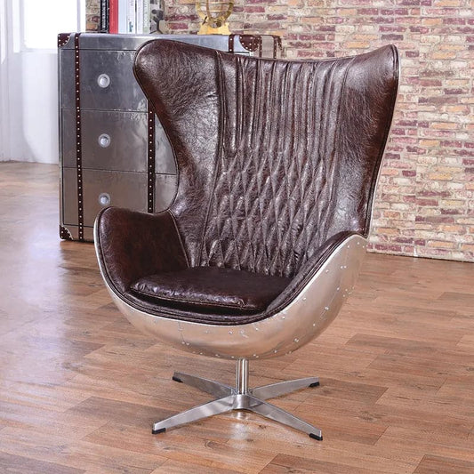 Chaise de bureau pivotante en cuir rembourrée avec dossier à oreilles, marron et argent