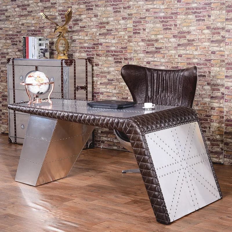 Chaise de bureau pivotante en cuir rembourrée avec dossier à oreilles, marron et argent