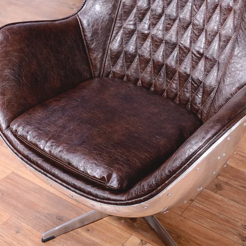 Chaise de bureau pivotante en cuir rembourrée avec dossier à oreilles, marron et argent