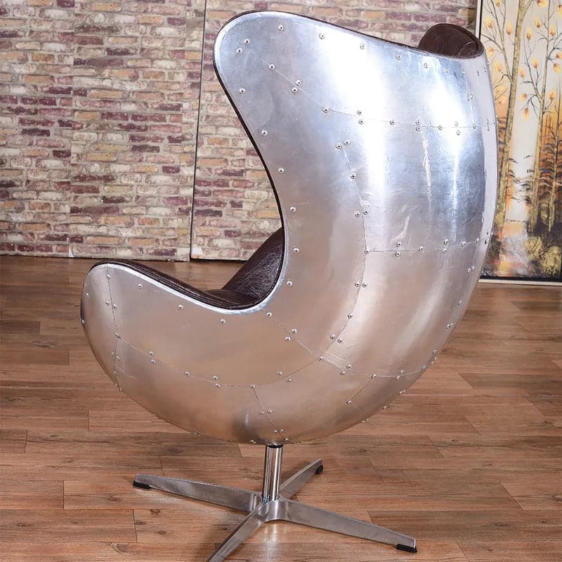 Chaise de bureau pivotante en cuir rembourrée avec dossier à oreilles, marron et argent