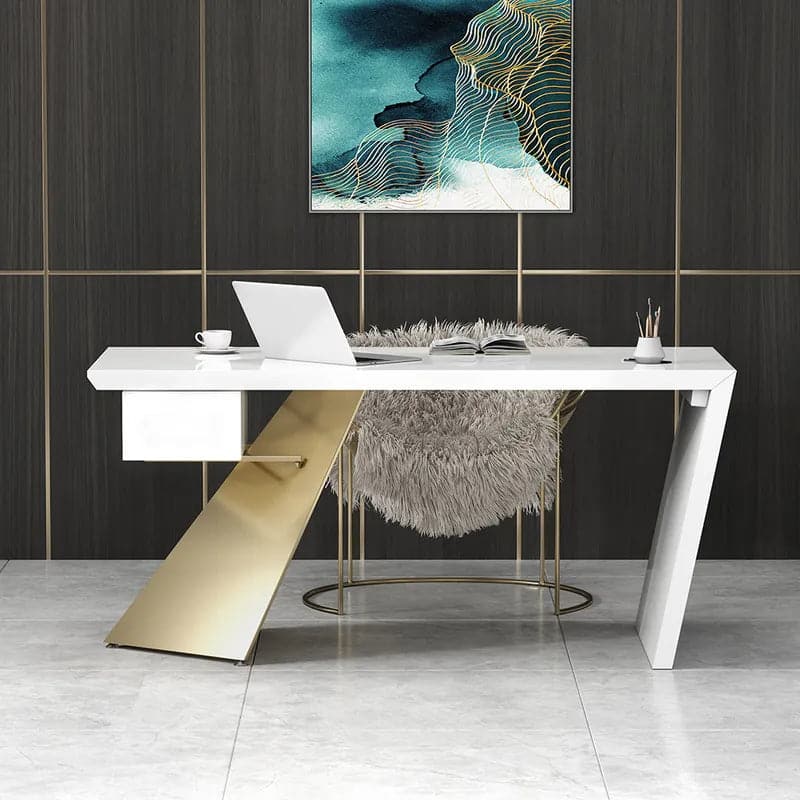 Cabstract Modern Office Desk with Drawer Writing Desk with White & Black & Gold#White-S