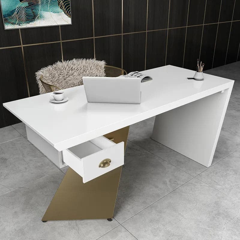 Cabstract Modern Office Desk with Drawer Writing Desk with White & Black & Gold#White-S