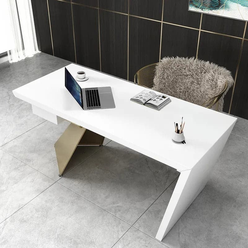 Cabstract Modern Office Desk with Drawer Writing Desk with White & Black & Gold#White-S