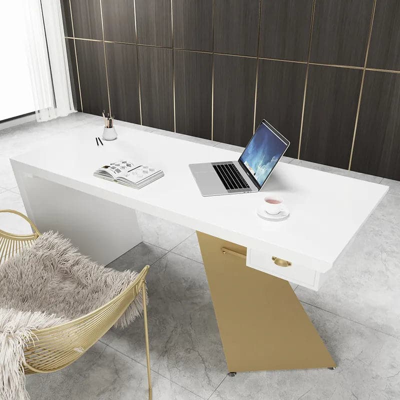 Cabstract Modern Office Desk with Drawer Writing Desk with White & Black & Gold#White-S