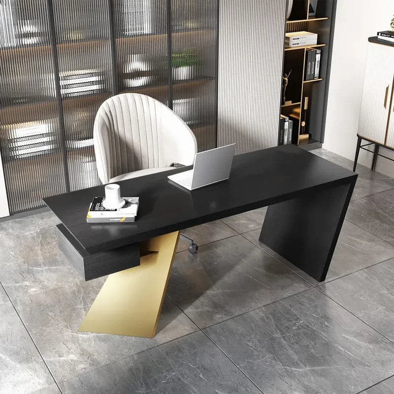 Cabstract Modern Office Desk with Drawer Writing Desk with White & Black & Gold#Black&Gold-S