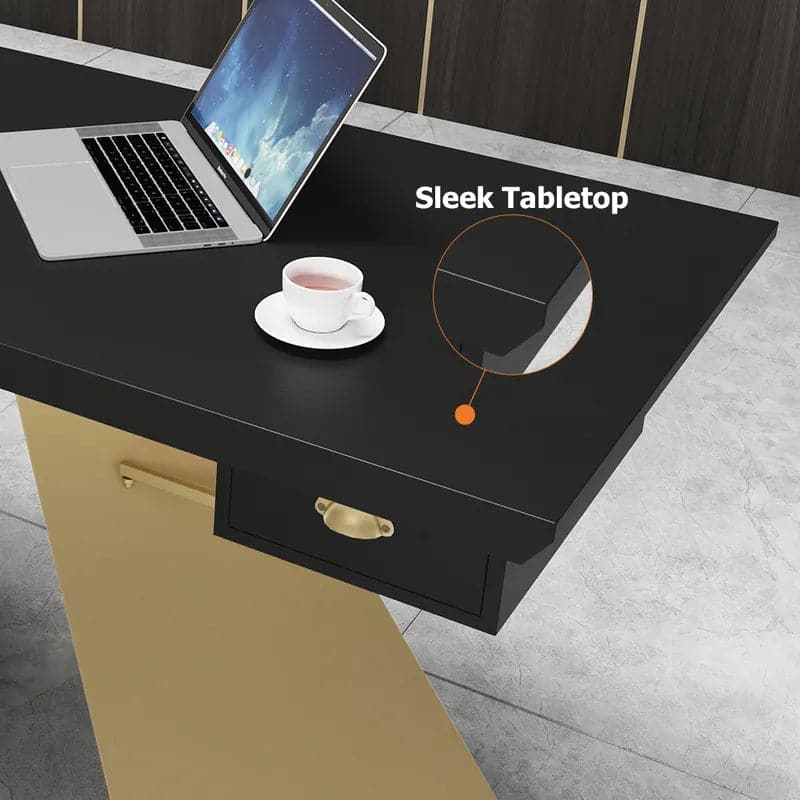 Cabstract Modern Office Desk with Drawer Writing Desk with White & Black & Gold#Black&Gold-S