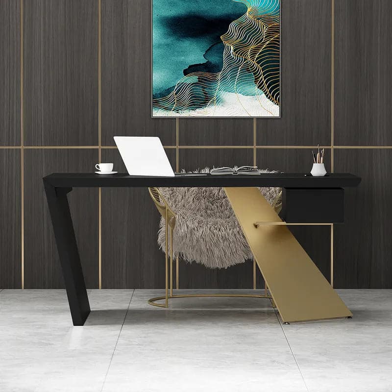 Cabstract Modern Office Desk with Drawer Writing Desk with White & Black & Gold#Black&Gold-S