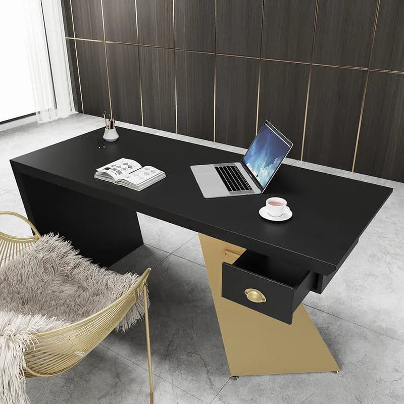 Cabstract Modern Office Desk with Drawer Writing Desk with White & Black & Gold#Black&Gold-S