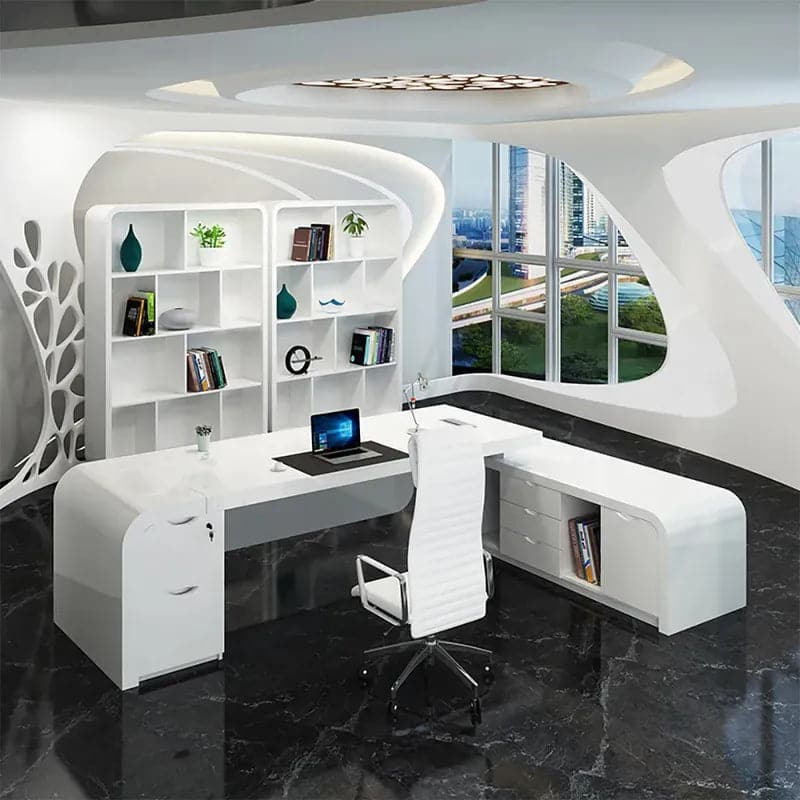 L-shaped Modern White Computer Desk with Cabinet & Ample Storage Left Hand/Right Hand