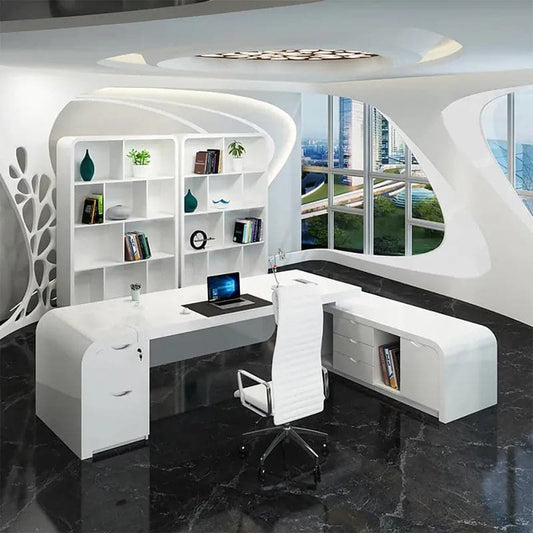 Chicent L-shaped Modern Executive Desk with Ample Storage Right Hand/Left Hand in White#Right Hand