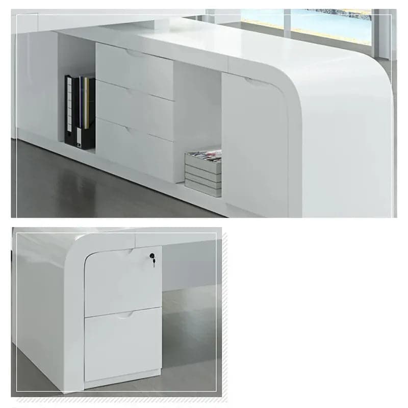 Bureau d'ordinateur blanc moderne en forme de L avec armoire et grand rangement main gauche/main droite