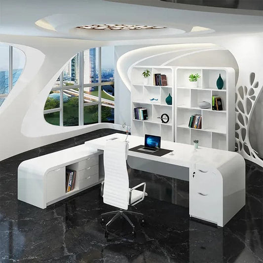 L-shaped Modern White Computer Desk with Cabinet & Ample Storage Left Hand/Right Hand