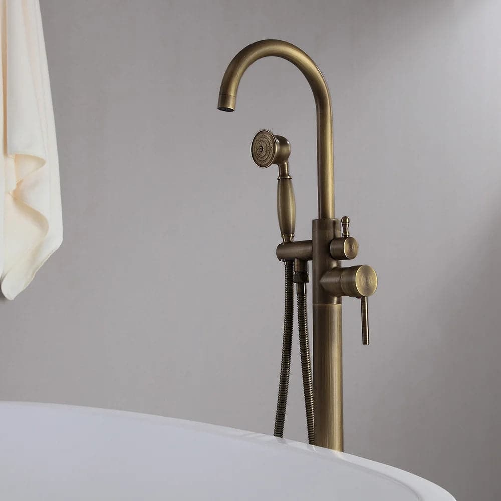 Robinet de baignoire autoportant à bec tourbillonnant classique à poignée unique avec douchette en laiton massif