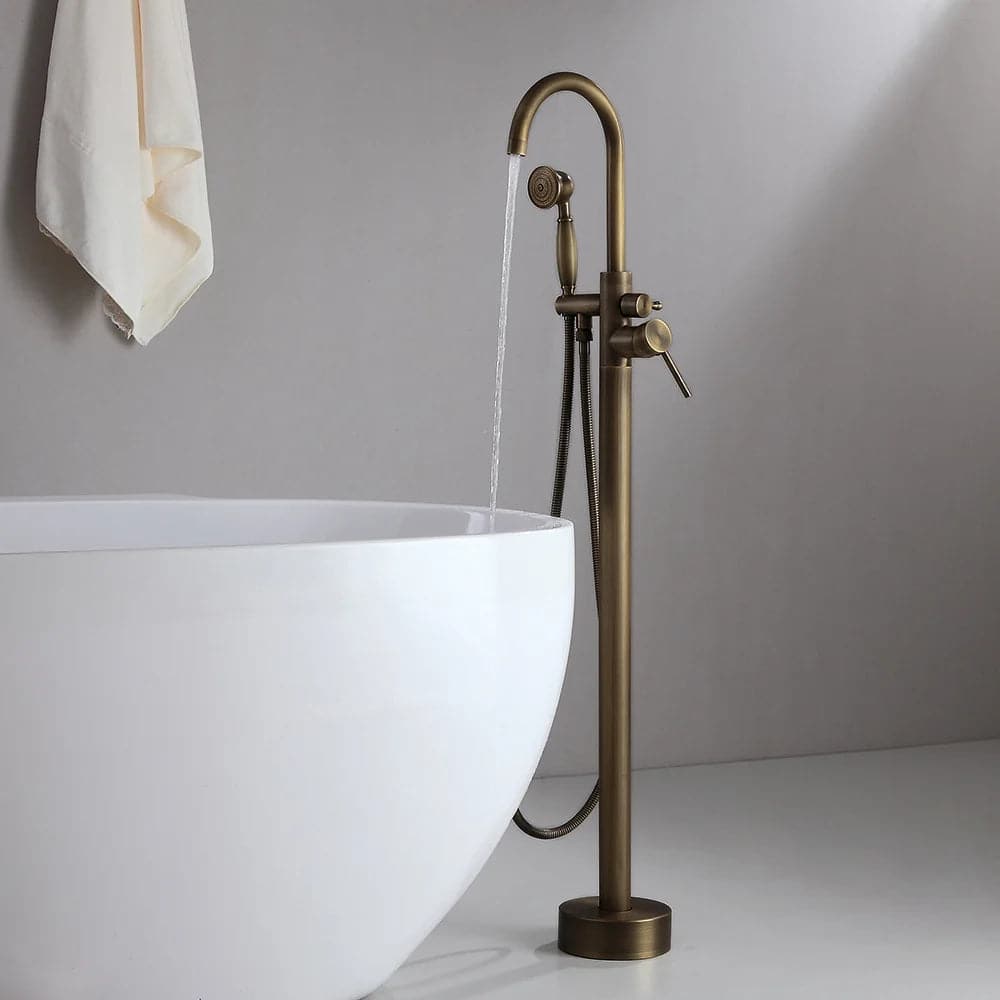 Classic Single Handle Swirling Spout Freestanding Tub Faucet with Handshower Solid Brass