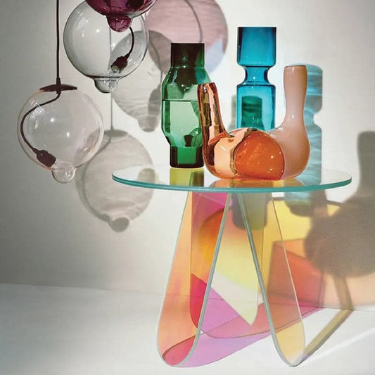 Table d'appoint en acrylique, table d'appoint ronde transparente, table d'appoint moderne irisée