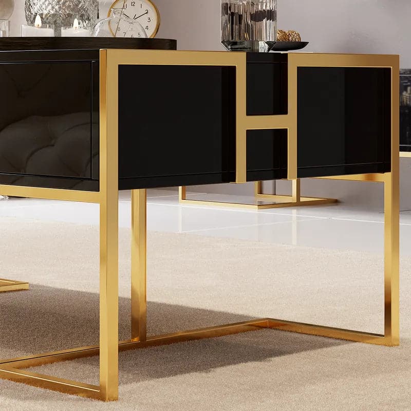 Contemporary Black Rectangular Coffee Table with Drawers Lacquer Gold Base#Black